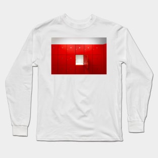 Red lockers inside of a room with one central opened door Long Sleeve T-Shirt